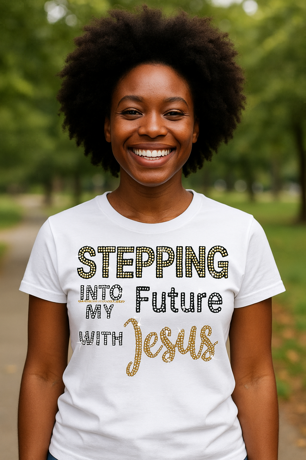 Stepping into the future with Jesus rhinestone design