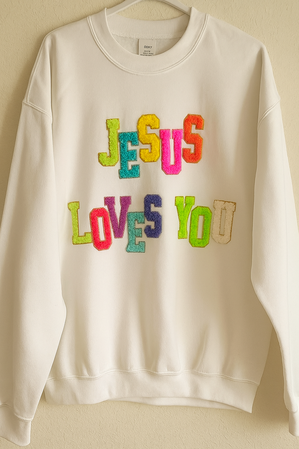 Jesus Loves You chenille patches sweatshirt