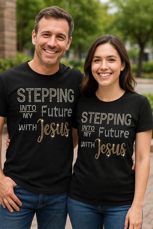 Stepping into the future with Jesus rhinestone design