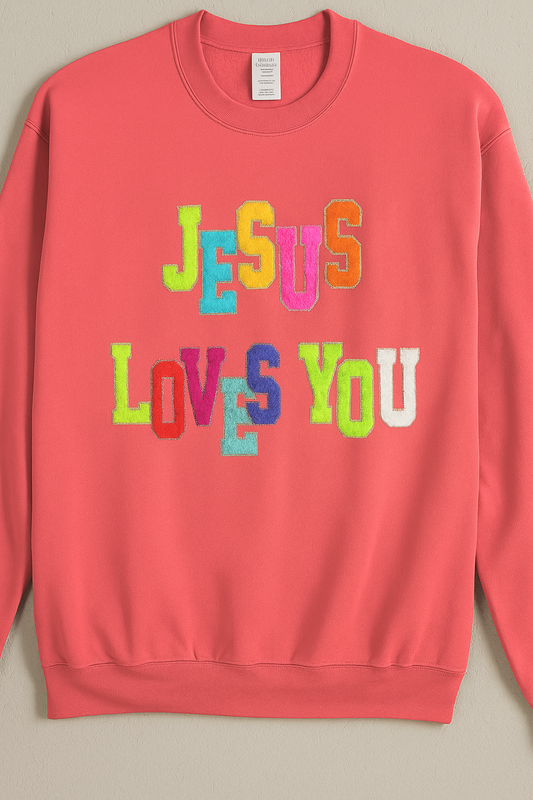 Jesus Loves You chenille patches sweatshirt