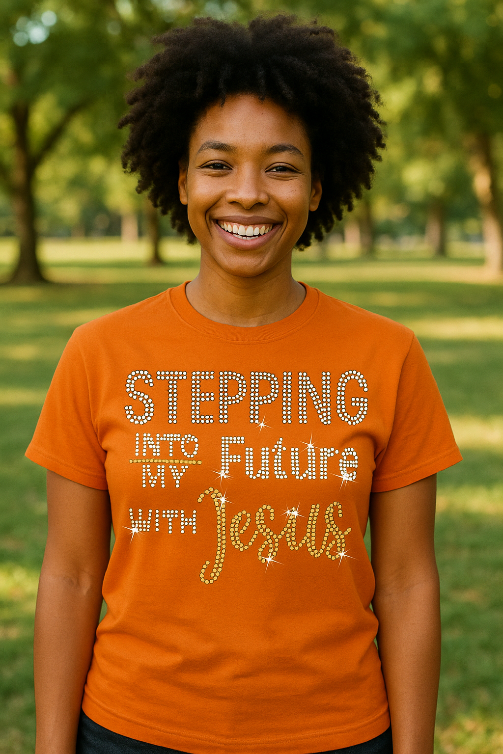 Stepping into the future with Jesus rhinestone design
