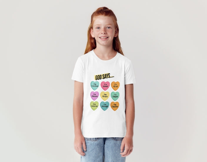 kids affirmation tee. GOD SAYS